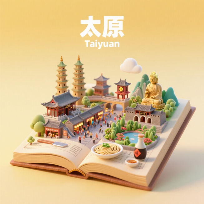一本打开的古代书籍，书是打开的，书上是太原城市景观微缩模型，有太原的晋祠，双塔寺，柳巷钟楼街，太原古县城，迎泽大桥的钟楼，蒙山大佛，五一广场，太原植物园，刀削面，陈醋，上方有中文“太原”和英文“Tai预览效果