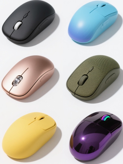 白色背景上整齐排列六个不同设计的电脑鼠标，保持原图简约圆润的基本造型和正前方视角，第一个是深黑色磨砂材质搭配银色滚轮的商务风鼠标，第二个是天蓝色光滑塑料材质带渐变效果的清新风鼠标，第三个是玫瑰金色金属质感搭配透明水晶滚轮的奢华风鼠标，第四个是军绿色帆布纹理表面带防滑纹路的户外风鼠标，第五个是亮黄色哑光橡胶材质的活泼风鼠标，第六个是深紫色镜面反光材质搭配彩色LED滚轮的科技感鼠标，每个鼠标都有细……预览效果