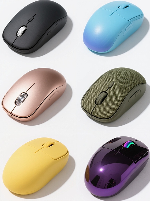 白色背景上整齐排列六个不同设计的电脑鼠标，保持原图简约圆润的基本造型和正前方视角，第一个是深黑色磨砂材质搭配银色滚轮的商务风鼠标，第二个是天蓝色光滑塑料材质带渐变效果的清新风鼠标，第三个是玫瑰金色金属质感搭配透明水晶滚轮的奢华风鼠标，第四个是军绿色帆布纹理表面带防滑纹路的户外风鼠标，第五个是亮黄色哑光橡胶材质的活泼风鼠标，第六个是深紫色镜面反光材质搭配彩色LED滚轮的科技感鼠标，每个鼠标都有细致的光影效果和清晰的材质纹理，整体呈现出产品展示图的干净明亮风格，无任何文字和标识。