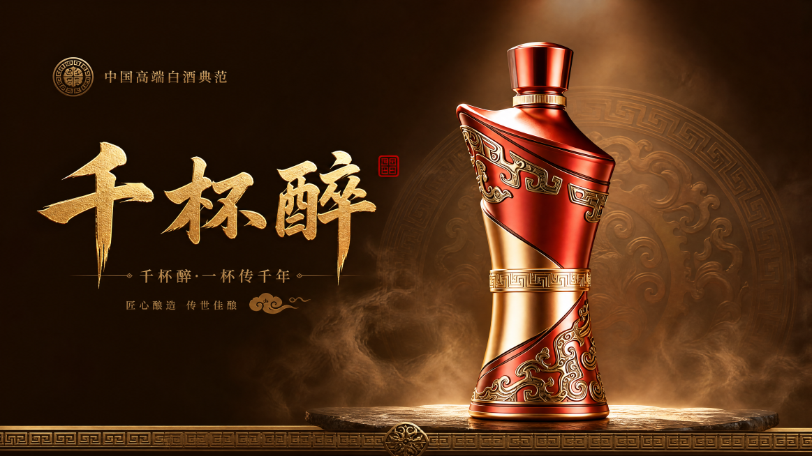 千杯醉品牌白酒包装封面设计，参考图中橘红金色中式回纹云纹雕花的白酒瓶设计，横向尺寸190×107mm，高端国风质感，画面显示品牌名称"千杯醉"，包装封面版式预览效果