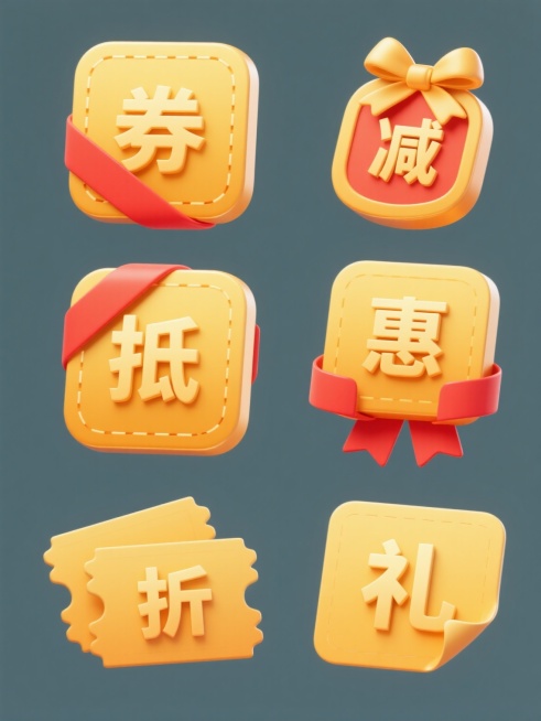 一套6个造型各异的金色优惠券系列素材集合，每个券均保持圆角矩形主体、虚线边框、正面中心汉字设计的核心券元素特征，采用相同的金黄色渐变质感、光滑表面高光、立体阴影效果的3D卡通风格，搭配红色飘带装饰，分别设计为：1. 左侧带单条左上至右下斜飘带、正面"券"字；2. 右侧带单条右上至左下斜飘带、正面"抵"字；3. 顶部系蝴蝶结飘带、正面"减"字；4. 底部带双飘带、正面"惠"字；5. 双券叠加左侧……预览效果