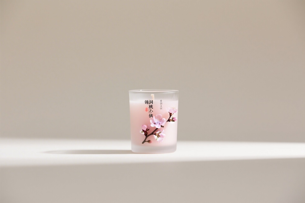 锦洞桃花小镇文创产品：桃花香薰蜡烛，透明杯身点缀干桃花，蜡体为淡粉色，极简浅米色背景，展现产品清新质感预览效果