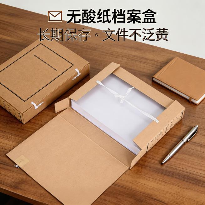 基于原图中打开的无酸纸文书档案盒，展示内部空间和材质，将背景更换为干净简约的办公桌面场景，突出无酸纸适合长期保存文件的卖点，整体风格专业商务，适配京东平台商品主图预览效果
