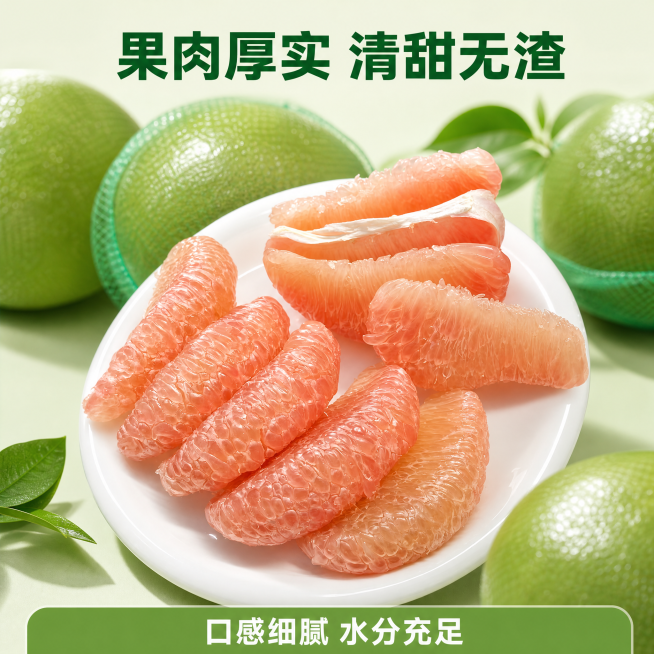 [第5屏] 果肉分离口感展示，展现青柚果肉特点。
[氛围/风格] 新鲜生鲜特写，真实清爽，突出果肉饱满细腻的口感。
[元素布局] 使用用户提供的【图2】作为主体参考，果盘里整齐摆放剥好的红心青柚果肉，预览效果