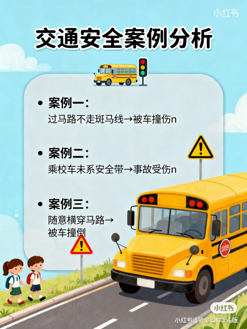 小红书3:4竖版宣传图，交通安全案例分析主题，浅蓝色背景。顶部标题"交通安全案例分析"配校车与交通灯图标。左侧文字框内容："• 案例一：过马路不走斑马线→被车撞伤\n• 案例二：乘校车未系安全带→事故预览效果