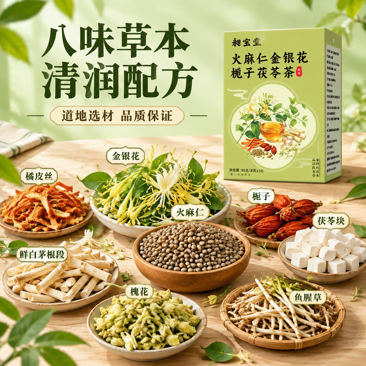 [主图-2] 核心亮点与原料溯源，主题为展示火麻仁金银花等草本… - 图片创意预览