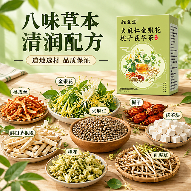 [主图-2] 核心亮点与原料溯源，主题为展示火麻仁金银花等草本原料与配方优势，建立清润品质信任感。
[统一基调] 清新草本风格，背景主色为浅草绿+米白色，标题字色为深墨绿，辅助字色为深褐色，强调色为橙黄色，字体为粗宋+细黑体组合，卡片用浅米白圆角半透明底，整体清新自然、专业可信。
[画面] 产品包装盒位于画面右上方，占比约40%，外观与原图完全一致；画面中央和左下方以艺术化平铺方式展示八种干草本原料：橘皮丝、火麻仁、栀子、茯苓块、鲜白茅根段、槐花、鱼腥草、金银花，每种原料旁有小型文字标签标注名称；金银花和火麻仁摆放在视觉中心位置突出清润主题；背景为浅木色纹理桌面，上方有柔和自然光照射，原料颗粒纹理清晰可见；点缀几片新鲜绿叶增加清新氛围。
[光影质感] 自然顶光+侧光，草本原料有清晰的纹理和体积感，金银花色泽自然，火麻仁颗粒饱满，栀子有自然光泽，产品盒有柔和高光和接触阴影，整体高清实拍质感，色彩真实自然。
[配色] 浅草绿背景+浅木色桌面+草本自然色+深墨绿标题+橙黄标签，色调和谐清新。
[文字版式] 画面上方主标题"八味草本 清润配方"，下方小字"道地选材 品质保证"；各原料旁配小型名称标签，标签为深绿边框米白底；文字不遮挡产品主体和主要原料。
[输出要求] 1:1正方形，2048x2048，文字清晰可读，产品完整清晰不变形，原料真实自然；禁止出现平台Logo、水印、错字、模糊、医疗功效宣称、绝对化用语。
