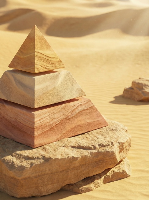 延续参考图的阳光沙漠、沙丘、岩石的背景风格，在图片左侧放置和参考金字塔模型50%相似度的三层渐变质感金字塔，金字塔与沙漠背景协调突出，无任何文字，电商详情页风格预览效果
