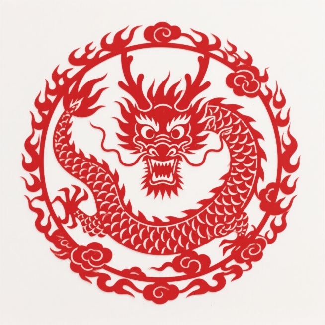 中国传统剪纸风格，红色龙纹图案，圆形构图，龙首居中，双目圆睁，张口露齿，龙须飘逸，龙角峥嵘，龙身环绕盘旋，鳞片呈锯齿状排列，边缘有火焰纹和祥云纹装饰，线条流畅细腻，镂空效果明显，整体呈现出庄重威严、喜庆吉祥的氛围，白色背景衬托，具有浓郁的中国传统文化韵味和剪纸艺术的镂空层次感。预览效果