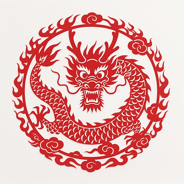 中国传统剪纸风格，红色龙纹图案，圆形构图，龙首居中，双目圆睁，张口露齿，龙须飘逸，龙角峥嵘，龙身环绕盘旋，鳞片呈锯齿状排列，边缘有火焰纹和祥云纹装饰，线条流畅细腻，镂空效果明显，整体呈现出庄重威严、喜庆吉祥的氛围，白色背景衬托，具有浓郁的中国传统文化韵味和剪纸艺术的镂空层次感。