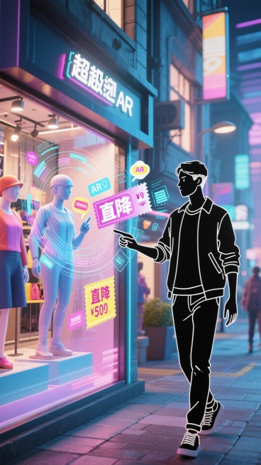 在虚实交织街道，消费者以简约黑白线条现实身影前行，目光所及橱窗被 AR 点亮，立体商品 3D 模型跳动 “直降” 价格，互动优惠券环绕，其指尖触碰橱窗，数据涟漪荡开，呈现线上优惠与线下体验融合的未来感预览效果