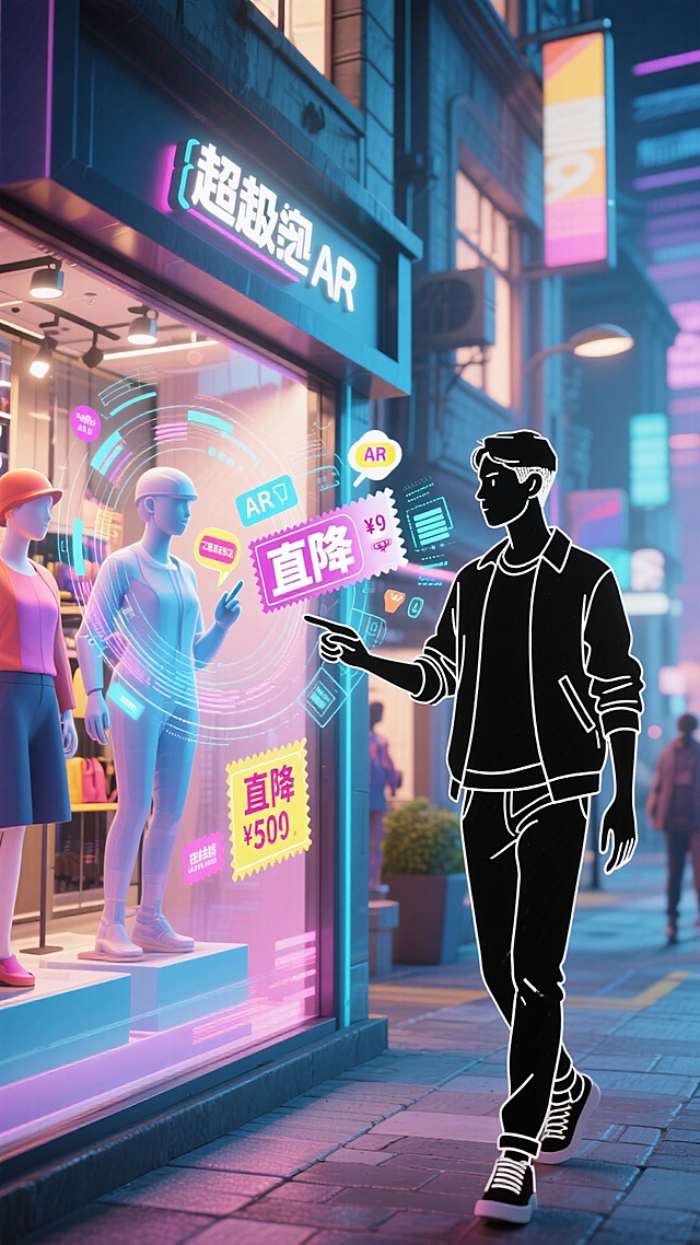 赛博朋克风夜景街景，霓虹灯辉映AR互动橱窗，粒子特效环绕，虚拟现实购物体验，潮流人物剪影点触未来科技感界面，酷炫视觉呈现。