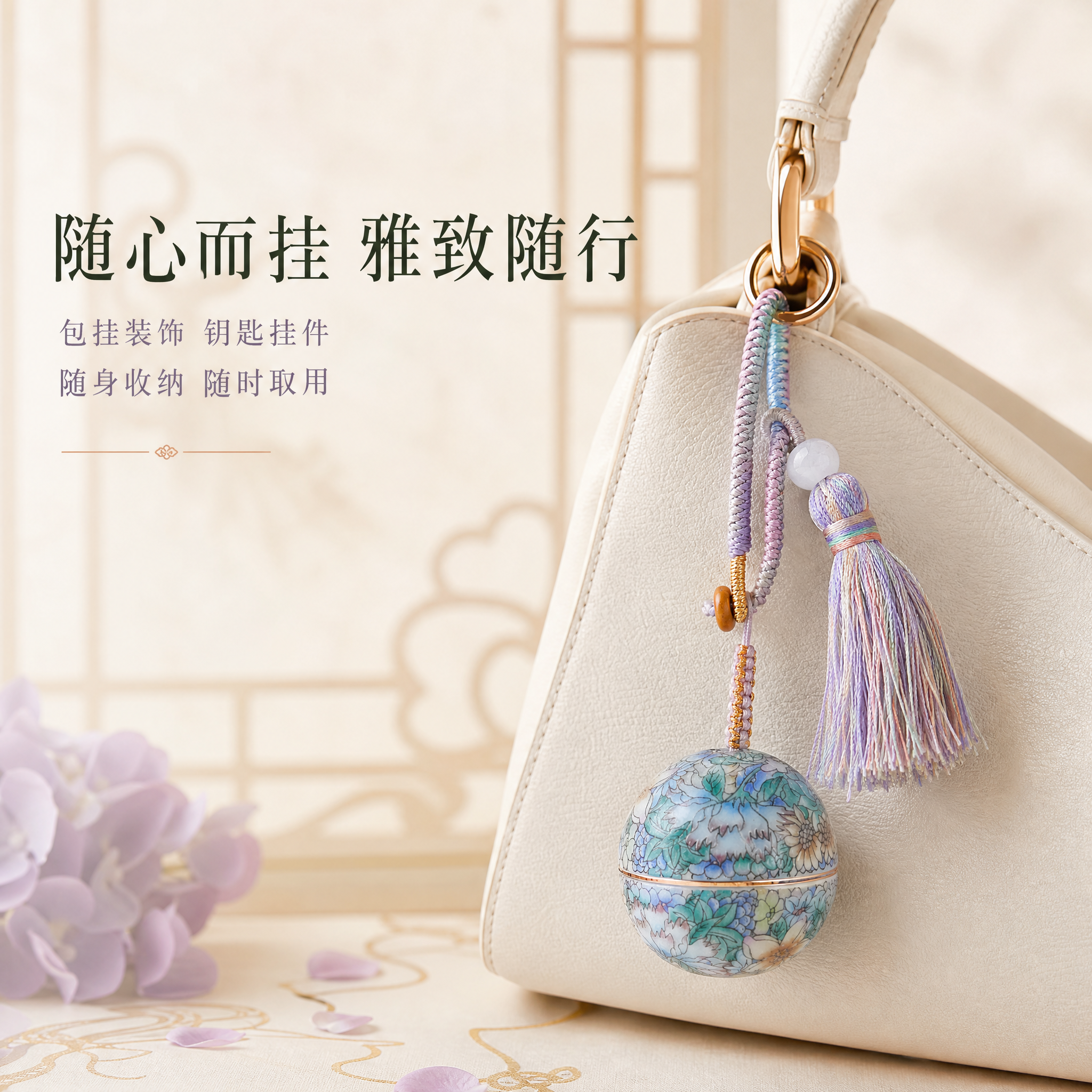 [主图-4] 国风万花款珐琅彩陶瓷分装罐钥匙扣挂件 使用场景展… - 图片创意预览