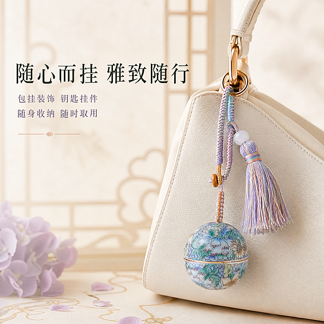 [主图-4] 国风万花款珐琅彩陶瓷分装罐钥匙扣挂件 使用场景展示 挂在包包上的实际佩戴效果
[统一基调] 国风雅致精致风格，背景为浅米杏色柔焦新中式场景，点缀淡紫色绣球花瓣与浅金纹理，主色调用紫蓝绿珐琅彩呼应产品，标题字色为深墨绿，辅助字色为灰紫，强调色为玫瑰金，字体使用雅致宋体衬线体，字号层级分明，整体温润高级有仪式感
[画面] 画面右侧展示一只米白色质感女包的局部，包挂处悬挂着产品，流苏自然垂落，灵动飘逸，主体占比约40%。包包为简约皮质款式，颜色为米白色，与产品风格协调。左侧留出负空间放置文字。背景为柔焦的浅米色室内场景，隐约可见中式屏风轮廓，营造雅致日常使用氛围。产品挂在包上比例协调，展示真实佩戴大小
[光影质感] 自然光感商业摄影质感，柔和的窗边光线从左侧照入，包包皮质有自然纹理，陶瓷挂件釉面有温润高光，流苏丝线随风微动有层次感，整体光影自然真实
[配色] 背景浅米色暖调，包包米白色，产品珐琅彩蓝绿紫渐变为主，文字深墨绿与灰紫搭配
[文字版式] 左上角横排主标题「随心而挂 雅致随行」，深墨绿色雅致宋体，字号较大。主标题下方两行辅助文案：「包挂装饰 钥匙挂件」「随身收纳 随时取用」，灰紫色小字号，左对齐排列。文字均在左侧负空间，不遮挡产品
[输出要求] 1:1正方形比例，文字清晰可读，场景自然真实，产品比例协调。禁止变形、错字、模糊、杂乱、水印、平台Logo、人物面部、畸形手部