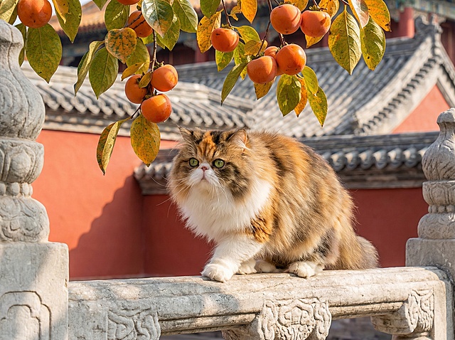 照片里的的长毛猫，不改变脸造型跟颜色，绿色的圆眼睛，正迈着一只前爪站在带有传统花纹的灰色石栏杆上，背景是中国古建筑的红色墙壁和灰色瓦片屋顶，头顶上方是挂满橙黄色柿子和翠绿黄叶的树枝，阳光明媚，光线充足，富有秋日温暖氛围，高清写实摄影风格，色彩鲜艳和谐，细节清晰，猫的毛发柔软蓬松有光泽，整体构图平衡，充满生活气息和自然美感。