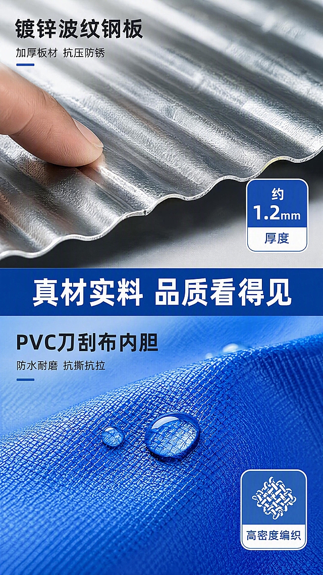 [第4张] 详情页材质细节-镀锌钢板与PVC帆布微距特写展示。本张使用【图1】作为产品材质参考。
[氛围/风格] 工业微距风，材质质感强烈，专业可信，商业摄影微距质感。
[元素布局] 上下分栏布局，上半部分展示镀锌波纹钢板微距特写：银色金属光泽、波纹纹理清晰可见，手指轻触钢板表面示意厚度，旁边有厚度数据浮窗；下半部分展示蓝色PVC刀刮布帆布微距特写：帆布编织纹理清晰，水滴在表面滚落示意防水性，旁边有耐磨测试示意图标；中间有分隔标题栏。
[光影质感] 微距侧光照明，突出材质纹理与立体感；钢板处有金属高光反射，帆布处有织物纹理明暗层次，水滴有透明光泽。
[配色色系] 全局底色 #F7FAFC 浅灰白；主色银色+蓝色；辅助色深灰文字、蓝色数据框。
[视角构图] 上下两宫格微距构图，每格独立成景，阅读动线上→下。
[文字版式] 版式为上下双格+每格内文字标注。中间分隔栏大标题「真材实料 品质看得见」，白色字蓝色底；上格左上角标注「镀锌波纹钢板」，副标题「加厚板材 抗压防锈」，右下角数据浮窗「约1.2mm厚度」；下格左上角标注「PVC刀刮布内胆」，副标题「防水耐磨 抗撕抗拉」，右下角数据浮窗「高密度编织」；每格文字不遮挡材质主体。
[比例分辨率] 9:16 竖版比例，4K分辨率，文字清晰可辨，高清画质。
[负向提示词] 材质失真，颜色偏差，水印，文字错乱，纹理模糊，背景杂乱。