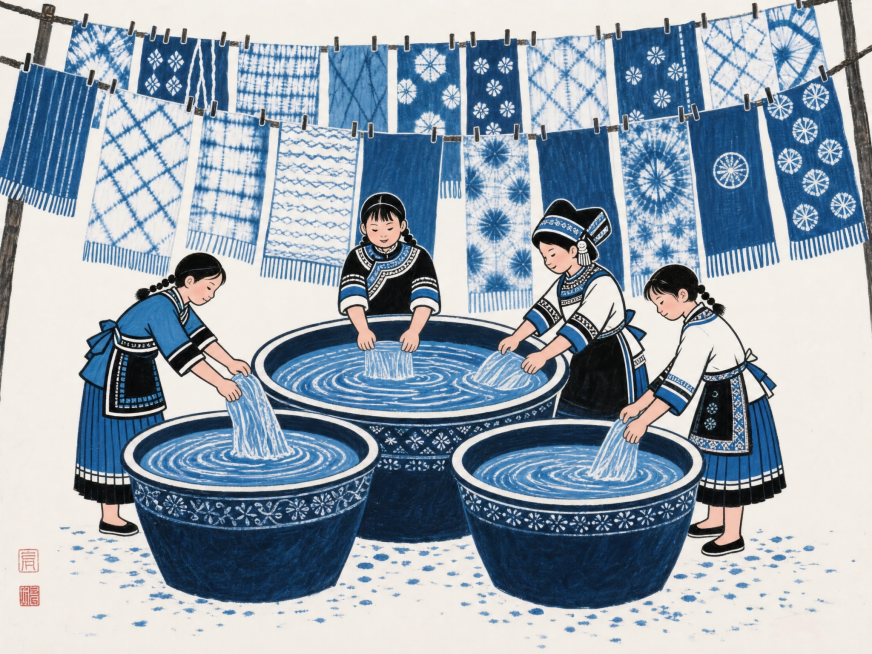 参考当前图片的苗族蜡染风格，重新生成画面内容，保持四位女性在染缸前洗染布料、上方悬挂蓝白扎染布的场景，保持传统民族风格和蓝白配色预览效果