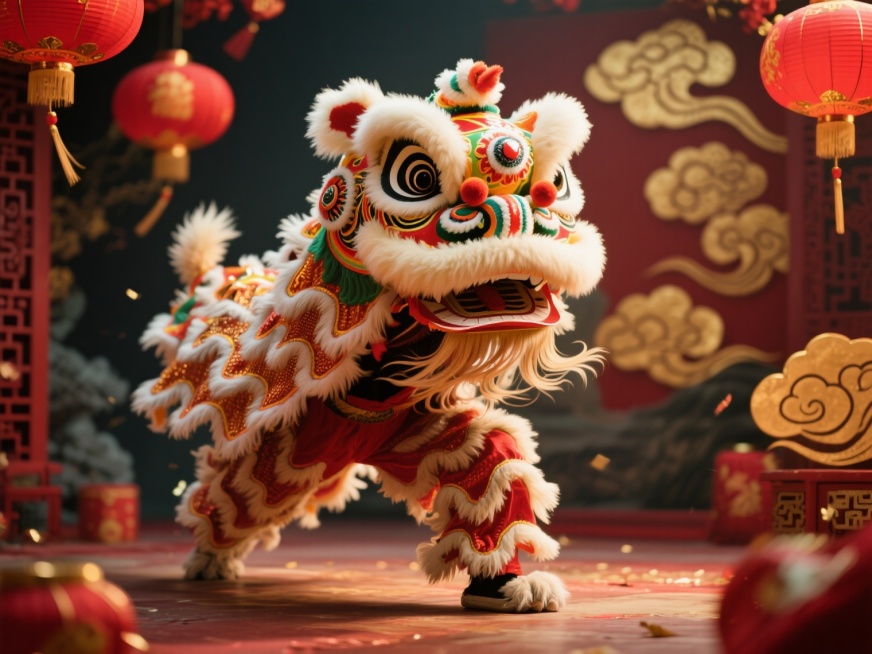 一只威风凛凛的醒狮，色彩鲜艳，毛发纹理清晰，眼神锐利有神，正处于动态的舞动姿态，周围有传统节庆的氛围元素，如红色的灯笼和金色的祥云图案，整体画面充满力量感和喜庆感预览效果