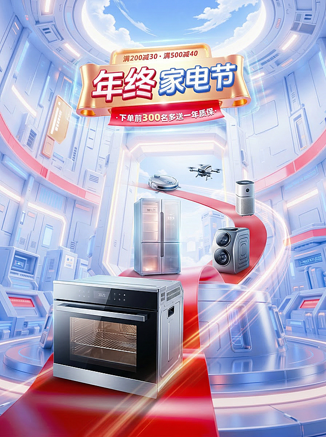 未来感科技风3D场景，霓虹灯与金属质感交织，虚拟现实空间中家电悬浮展示，强化促销氛围，突出年终家电节主题。