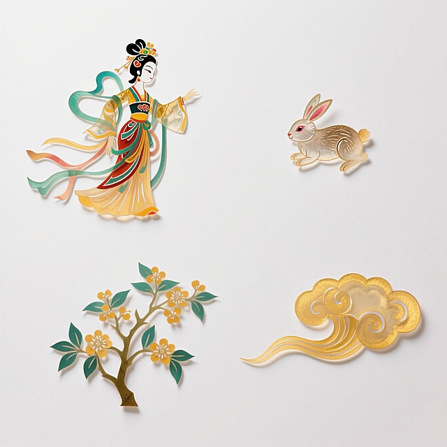 明亮鲜艳配色的素材（2X2规整排布）：1、嫦娥，2、小兔子，3、桂花，4、祥云。纯白色背景