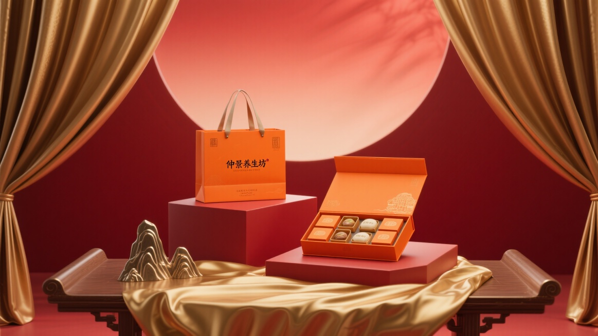 C4D设计OC渲染的古风养生产品场景海报，暗红色弥散渐变背景，红色与金色丝绸幕布垂落形成透视感，铺满金色丝绸的桌面，桌面上有高低不同的红色台子，高台上放置橙色“仲景养生坊”礼袋，低台上放置橙色礼盒，打预览效果