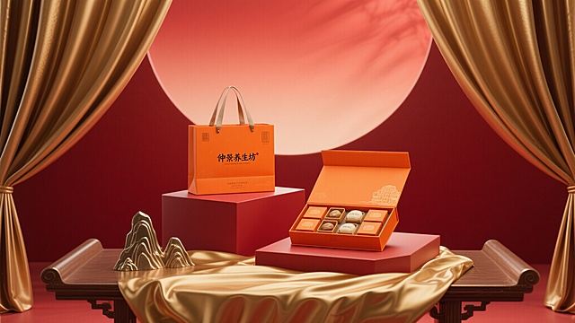 C4D设计OC渲染的古风养生产品场景海报，暗红色弥散渐变背景，红色与金色丝绸幕布垂落形成透视感，铺满金色丝绸的桌面，桌面上有高低不同的红色台子，高台上放置橙色“仲景养生坊”礼袋，低台上放置橙色礼盒，打开的六品礼盒与金属小山摆件搭配，全景构图，层次光影，顶级制作工艺，极简设计，超清画质，色调融合，大师级拍摄手法
