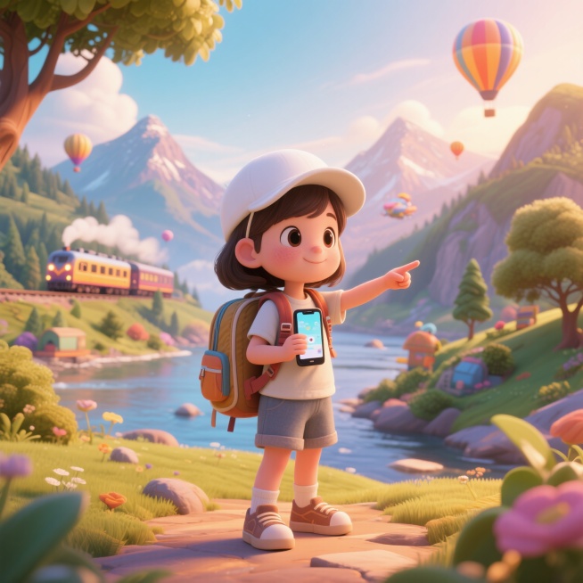 一个小女孩，背着书包，一个手拿着手机，另一个手指着前方，带着白色帽子，穿着休闲衣服，旅行预览效果