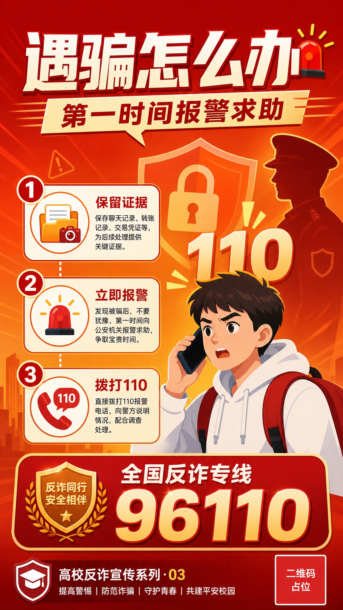 高校反诈宣传海报，扁平插画风格，竖版9:16。画面主视觉为一名… - 图片创意预览