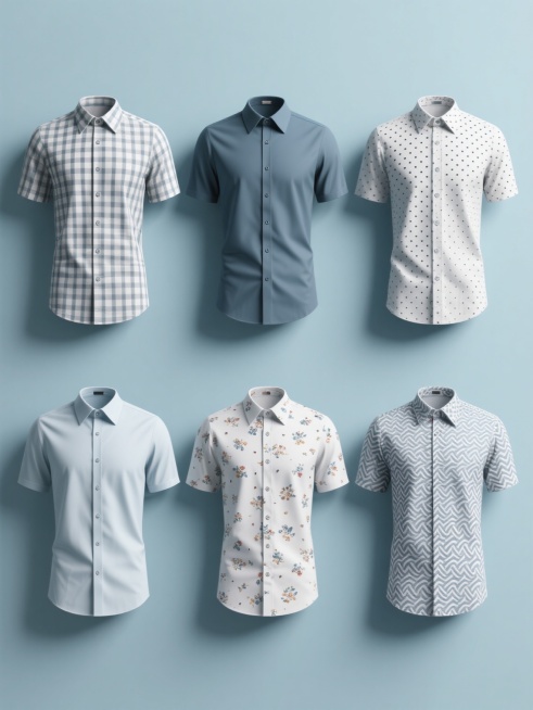 六件相同款式的男士短袖衬衫系列素材集合，保持简约商务风格与写实3D质感，采用不同纯色背景，画面整体色彩变换，衬衫分别呈现点状花纹、条纹花纹、格纹花纹、无花纹纯色、小碎花花纹、波浪纹花纹，所有衬衫规整并排排布，每个衬衫保持原有的翻领、前襟纽扣、短袖剪裁等细节特征，光线柔和自然，阴影细腻，整体构图平衡对称，信息传达清晰，适合商务服饰展示用途。预览效果