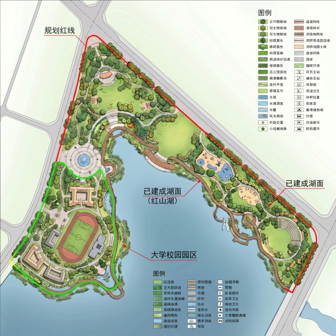 参考图中已有的滨河公园平面设计风格，根据图片里绿色线条框选的左下角范围，将该区域原有的湖面修改为大学校园园区，包含教学楼、操场、绿化、校园道路等校园元素，保留规划红线和专业彩色平面图风格预览效果