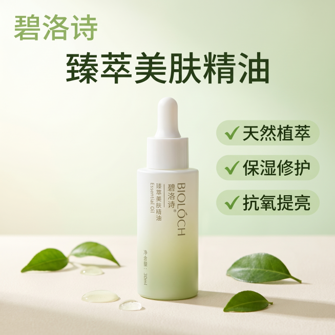 [主图 1] 碧洛诗臻萃美肤精油 1440x1440淘宝主图
[氛围风格] 纯净自然植萃风，通透水润亮调，高级干净
[画质] 商业摄影质感，光线柔和通透，产品清晰真实，画面干净高级，保持产品外观（渐变预览效果