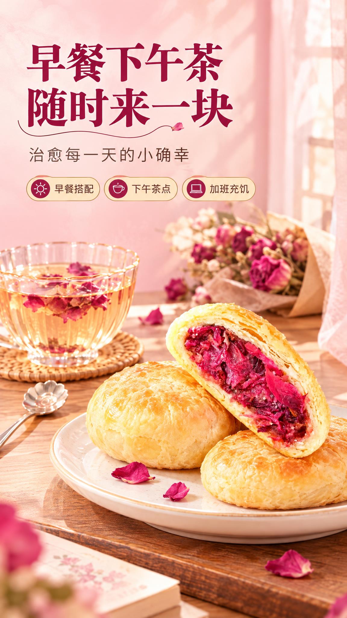 [商品] 使用【图1】云南玫瑰鲜花饼；保留金黄酥皮、玫红色玫瑰… - 图片创意预览