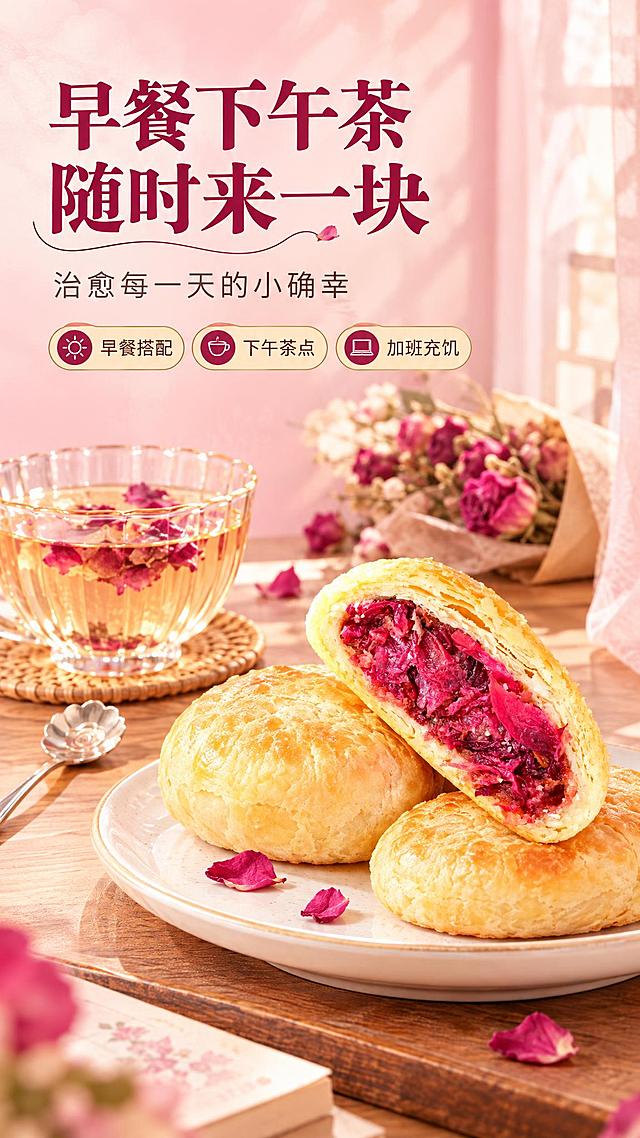 [商品] 使用【图1】云南玫瑰鲜花饼；保留金黄酥皮、玫红色玫瑰花瓣内馅、酥皮分层结构和椭圆形饼体形态；自然摆放于下午茶场景中，保持产品原貌清晰。
[画面] 页面目标：场景种草页，营造精致下午茶生活方式，激发购买欲望。构图：左文右图偏场景沉浸型，产品置于画面右下区域。主体位置：右下木质白瓷盘上放2-3枚鲜花饼（其中1枚切开露馅），占画面40%。摆放角度：自然堆叠摆放，剖面朝向观众。景别：中景。阅读动线：从左上到右下。前中后景：前景白瓷盘与鲜花饼，中景玻璃花茶杯+银质小勺+干玫瑰花束，后景暖粉色墙面+柔纱窗帘虚化光影。
[视觉] 套系策略：风格=暖调治愈国风美食商业摄影；标题字=国风衬线粗体（宋体类）；正文字=简洁无衬线体；主色=玫瑰粉+奶杏金；背景延展=基于柔粉与奶金做同色系渐变、细腻纸张/花瓣纹理质感；强调色=深玫红，仅用于小面积图标、引线和标签；标题色=深玫红；正文色=暖棕灰；组件=圆角浅金信息卡、细线引线、玫瑰花瓣装饰元素；光影=右侧窗边自然光，暖调柔和，左侧补光，桌面自然投影。
[文字] 左上主标题「早餐下午茶 随时来一块」（10字），副标题「治愈每一天的小确幸」（9字）。下方3个场景标签：早餐搭配、下午茶点、加班充饥。全部横排，不遮挡产品主体，手机端清晰可读。
[规格] 图片比例9:16竖版，2K分辨率，避免变形、错字、文字过小、冷蓝背景、产品颜色改变、场景杂乱。