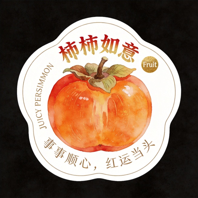 异形卡片，整体为圆润柿子果实轮廓，白色底色+清晰白色粗描边，纯黑背景。主体是橙红饱满的柿子（带果蒂与叶片），水彩肌理细腻通透，果肉纹理清晰。文字全部环绕在水果外围排版：主标题"柿柿如意"（复古书法体，预览效果
