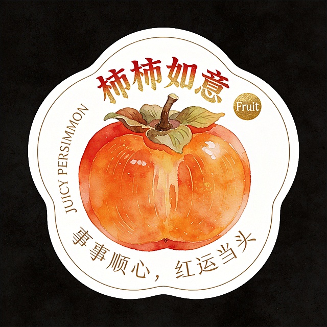 异形卡片，整体为圆润柿子果实轮廓，白色底色+清晰白色粗描边，纯黑背景。主体是橙红饱满的柿子（带果蒂与叶片），水彩肌理细腻通透，果肉纹理清晰。文字全部环绕在水果外围排版：主标题"柿柿如意"（复古书法体，柿红+金箔渐变），小字标语"事事顺心，红运当头"（纤细手写体）沿底部弧形排列，右上角加烫金圆形小标"Fruit"，英文"JUICY PERSIMMON"置于左侧边缘。高级国潮水彩质感，文字不遮挡主体水果，排版精致轻奢。