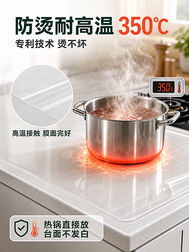 [主图-2] 防烫耐高温350℃核心卖点证明，用视觉化方式展示耐高温性能。
[统一基调] 整体风格为专业品质、洁净通透、真实家居感；背景主色为浅灰白+厨房暖调；标题字色为深墨绿+橙红强调色；辅助字色为深灰；字体为无衬线粗体，字号层级分明；卡片与图标采用圆角轻量样式，不使用厚重色块。
[画面] 产品为透明厨房台面保护膜，平整铺贴在白色石英石台面上，全包边处理。画面中央一口刚从灶上端下的滚烫不锈钢汤锅，锅底通红带高温热浪视觉效果，直接放在保护膜上，膜下台面完好无损。汤锅周围有热气升腾的视觉表现，锅边放一个显示"350℃"的电子温度计图标化呈现。左侧局部放大圆形窗口展示膜面被高温锅底接触后依然完好无痕迹的特写。产品外观与输入图一致。主体占画面约60%。
[光影质感] 商业摄影质感，厨房自然光+锅底暖光对比；透明膜体清透，高温区域有橙红色光晕但膜面保持完整透明，体现耐高温不融化不变形。
[配色] 主背景浅灰白台面；高温区域橙红色光晕作为强调；标题深墨绿，数据数字用大号橙红色；整体冷暖对比突出防烫卖点。
[文字版式] 顶部大标题"防烫耐高温 350℃"，副标题"专利技术 烫不坏"；左侧放大窗口旁标注"高温接触 膜面完好"；底部补充"热锅直接放 台面不发白"。文字清晰，不遮挡汤锅主体。
[输出要求] 比例3:4，文字清晰可读，产品清晰真实；禁止变形、错字、模糊、杂乱、水印、平台Logo、膜面融化破损（需表现完好）。
