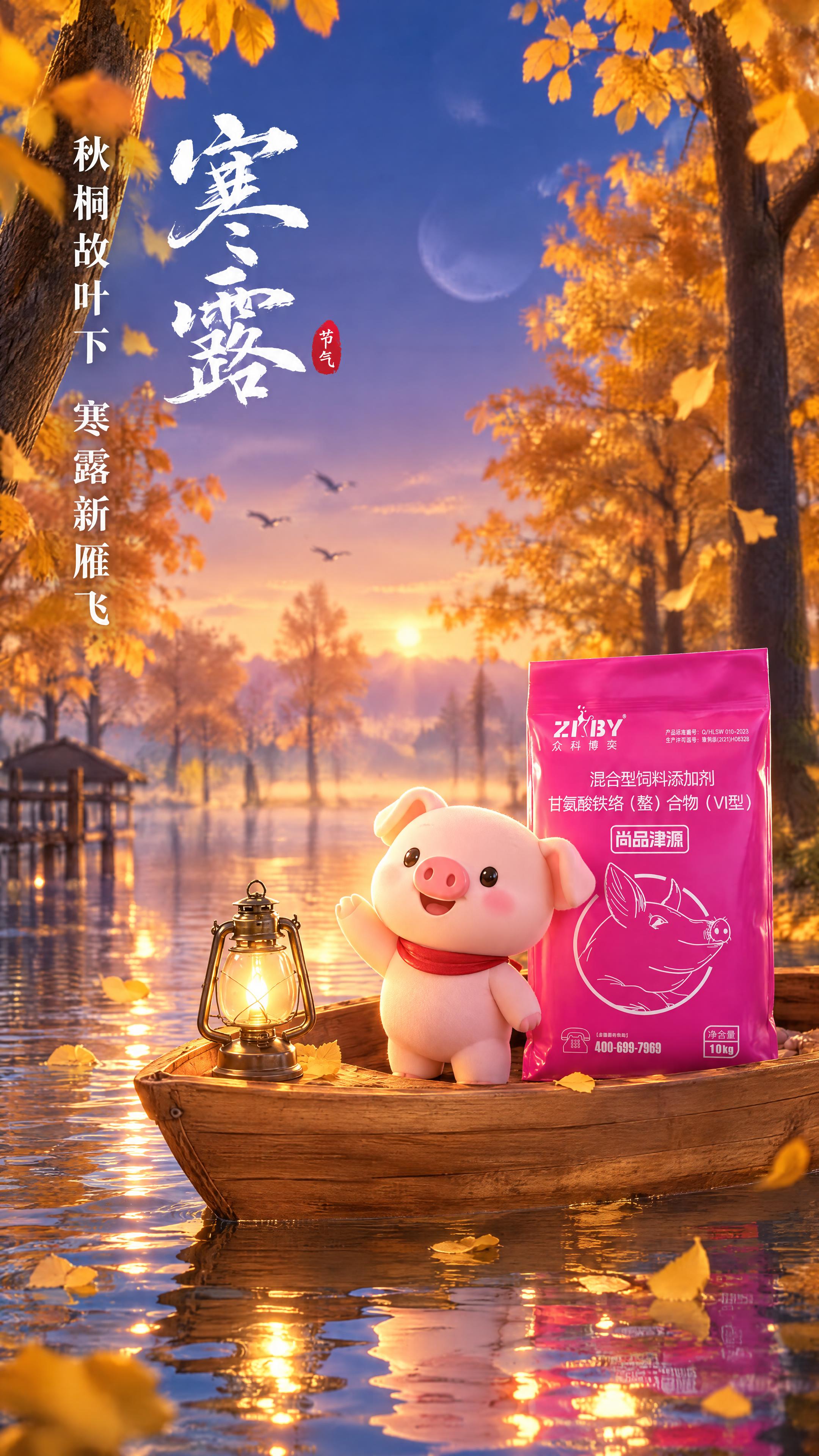 参考第一张图的寒露节气3D治愈插画风格，秋日湖边树林、黄昏蓝紫… - 图片创意预览
