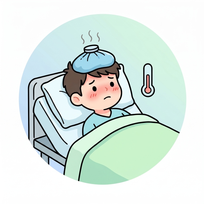 可爱简约动漫风格icon，表现一个发烧的病人，线条简单，造型可爱，和参考图的清新简约卡通手绘风格一致，适合作为肾科科普海报的插图预览效果