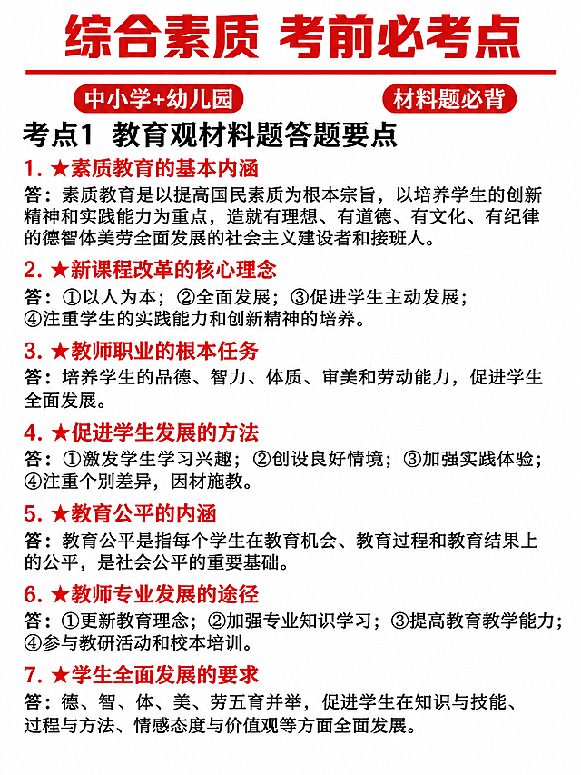 小红书笔记大字封面，纯大字，教育备考干货风，版式精美，小红书笔记封面质感，适合信息流点击。版式骨架、分区比例、色调体系与参考图保持一致（相似度约80%），文案与内容替换为用户本次考点。主标题必须完整呈现且为画面顶部视觉中心，逐字锁定：「综合素质 考前必考点」。主标题字号占画面约20%视觉权重，清晰可读，不得增删改字。副标题/模块标题：「考点1 教育观材料题答题要点」。装饰短句/角标：「中小学+幼儿园」「材料题必背」。背景：纯白色底，顶部主标题红色粗体大字加红色横线分隔，下方为黑色编号考点列表，重点小标题用红色加粗标注，正文为黑色常规宋体/黑体，左对齐，层级分明。标题排版：主标题为红色超粗黑体，居中置于顶部；考点编号与小标题红色加粗，正文黑色常规字，行距适中，清晰易读。装饰：红色五角星★点缀在重点考点前，顶部红色横线分隔，整体简洁干净无多余装饰。整体氛围：教资备考、干货速记、简洁清晰、重点突出。画质：高清细腻，信息层级清晰，红黑对比强烈，文字完整处于安全区内不可裁切，四周留安全边距。画面比例3:4，4K。图生图：严格使用用户上传图片，【图1】= 版式参考图，参考其白底红标题+黑色正文列表、红色横线分隔、重点题目标红加星的简洁备考笔记风格，内容替换为教育观考点。