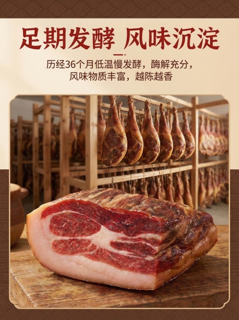 云南宣威特色风格详情页，浅棕色民族纹样底，实拍宣威火腿传统发酵场景（清洁的发酵房，悬挂的整腿）虚化背景，前方放切面油亮的火腿块，上方加粗正红标题"足期发酵 风味沉淀"，下方小字说明"历经36个月低温慢预览效果