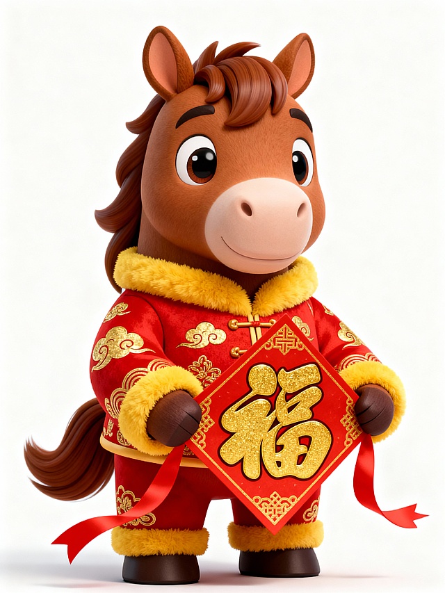 主体是Q版棕褐色骏马穿着喜庆的春节中式小棉袄，拿着福字，纯白色背景，《茶杯头》卡通动画画风的3D