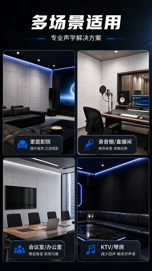 [商品] 使用【图2】白色、【图3】浅灰色聚酯纤维吸音板；保留白色和浅灰色聚酯纤维纹理材质；产品以墙面铺贴形式出现在不同场景中，不改变颜色和材质。
[画面] 页面目标：第七屏适用场景案例展示——多场景应用；构图：2×2场景宫格，分别为家庭影院（浅灰吸音板）、录音室（白色吸音板）、会议室（浅灰吸音板）、KTV（黑色吸音板）；每个场景格配场景名称标签；景别：多场景拼图+空间中景；前中后景：每个宫格独立场景空间，上方统一标题区；展示不同颜色吸音板适配不同风格空间。
[视觉] 套系策略：风格=深色电竞科技风商业建材摄影；标题字=粗黑无衬线科技字体；正文字=简洁无衬线体；主色=深炭黑+电竞蓝；背景延展=基于深炭黑做径向渐变、同色深浅层级和细腻磨砂质感；强调色=霓虹电竞蓝，仅用于小面积图标、引线、标签和光效描边；标题色=纯白；正文色=浅灰白；组件=圆角深色标签卡、宫格分隔线；光影=各场景真实光影，整体统一冷调。
[文字] 顶部主标题「多场景适用」，副标题「专业声学解决方案」；4个场景宫格分别标注：家庭影院、录音棚/直播间、会议室/办公室、KTV/琴房；每个场景下方配1行短说明：如家庭影院=提升音质 沉浸观影；文字全部横向排版。
[规格] 图片比例9:16竖版，4K分辨率，负向提示：避免变形、错字、文字过小、产品颜色改变、极限词、二维码、站外导流。