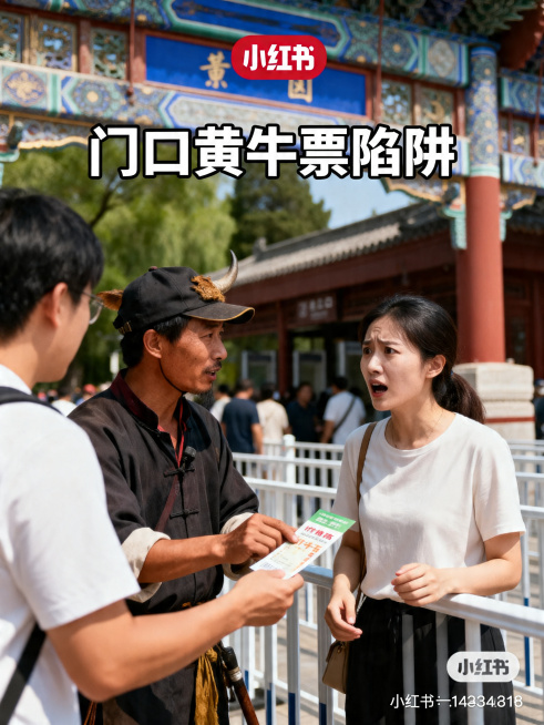 小红书内容页，提示黄牛票陷阱：价格虚高信息模糊，利用游客赶时间的心理推销，标题文字“门口黄牛票陷阱”清晰醒目，排版干净，写实风格无AI感，高清3:4比例符合小红书排版要求预览效果