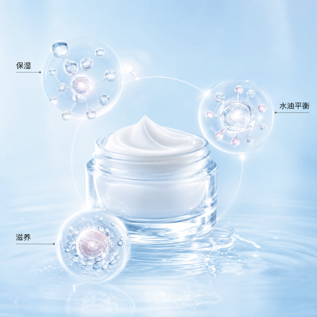 [主图-2]核心功效成分解析图
[氛围风格]专业科研成分感，清透水润
[画质]商业高精度渲染，画面干净高级，细节清晰
[元素]中心放置通透玻璃容器装着乳霜，周围悬浮3个3D分子元素：保湿分子、水油平衡预览效果