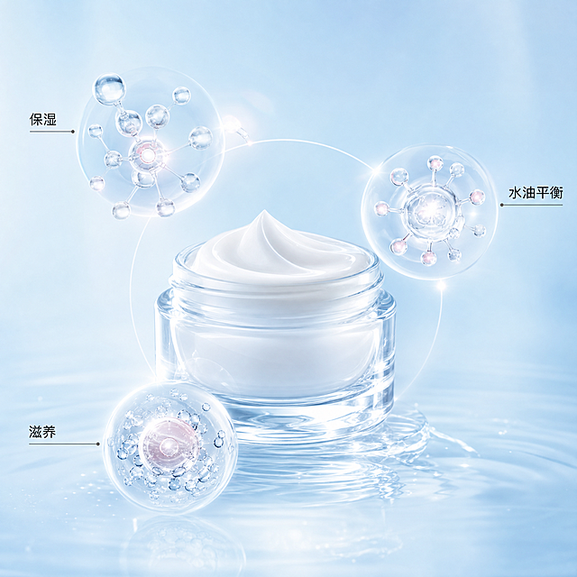 [主图-2]核心功效成分解析图
[氛围风格]专业科研成分感，清透水润
[画质]商业高精度渲染，画面干净高级，细节清晰
[元素]中心放置通透玻璃容器装着乳霜，周围悬浮3个3D分子元素：保湿分子、水油平衡因子、滋养精华微粒，每个分子用纤细引线对应标注功效文字。浅蓝渐变水润背景，整体构图舒展，层次分明。保持产品核心卖点视觉化呈现，不摆放产品实物
[光影]柔和漫射光，分子边缘带通透光晕，整体明亮清透，突出水润质感
[配色]主色调浅冰蓝，辅色透明白，分子用淡银浅粉点缀
[视角构图]中心对称构图，视觉集中
[文字版式]每个分子旁标注对应功效：「保湿」「水油平衡」「滋养」，小号细黑字，左对齐，清晰不遮挡元素
[比例分辨率] 1:1 比例，2k分辨率，文字清晰可辨，超高清
[负向提示词]变形，水印，文字错乱，背景杂乱，夸大功效，绝对化用语