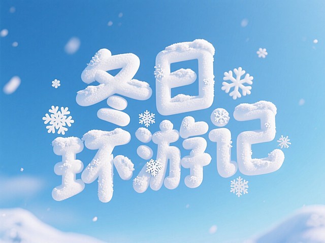 中央呈现白色积雪质感的 “冬日环游记” 立体可爱艺术字，点缀雪花元素，蓝色渐变天空为背景