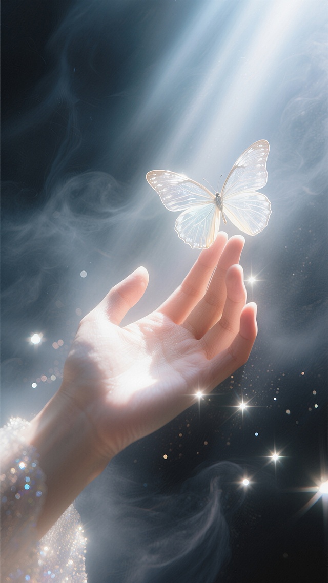暗调背景中弥漫着淡淡的烟雾，增添了朦胧之感。一束光线从上方或侧方洒下，照亮了一只手和一只蝴蝶。
手位于画面下方，掌心向上，手指自然伸展，姿态轻柔且充满善意，仿佛在温柔地托举或迎接蝴蝶。手部肌肤在光线的勾勒下，呈现出柔和的轮廓与细腻的质感。
一只蝴蝶停在手指上方，翅膀轻薄透明，纹理清晰可见，在光线的映照下泛着微光，宛如一件精致的艺术品。蝴蝶的存在为画面增添了灵动与生机，使其充满诗意。
