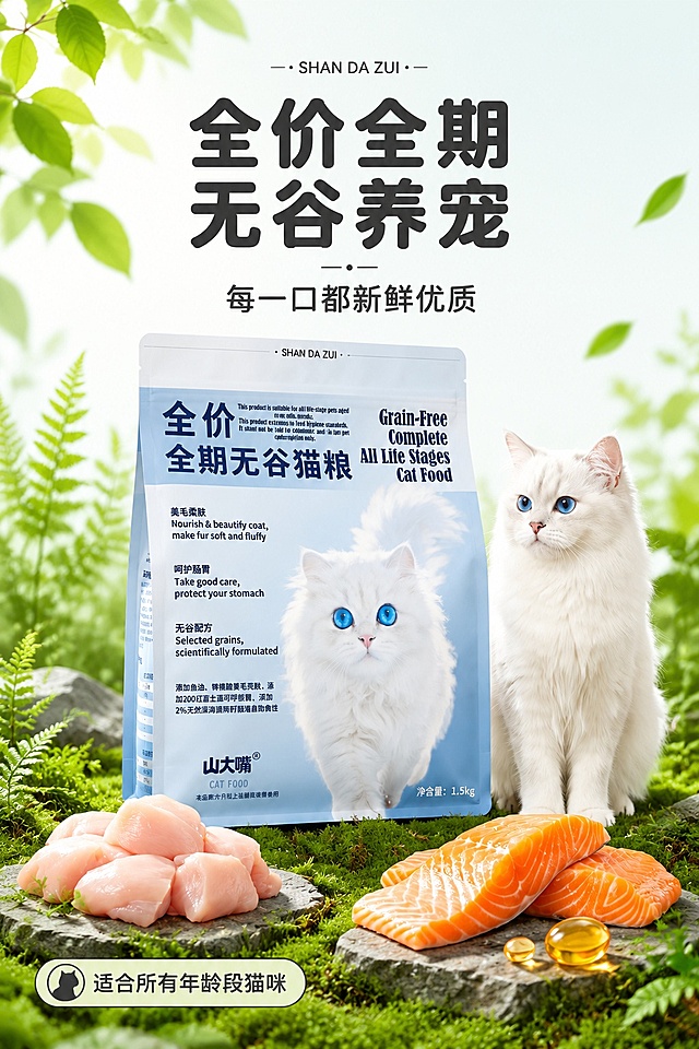 [第1屏] 详情页头图-山大嘴全价全期无谷猫粮产品主视觉海报。本屏使用【图1】作为商品主体。
[氛围/风格] 清新自然风，浅绿底色搭配新鲜绿植，商业摄影高级质感
[元素布局] 猫粮包装袋放置在画面中上部，占比约65%；包装袋下方搭配新鲜鸡胸肉块和三文鱼肉块，周围用嫩绿苔藓和蕨类植物装饰点缀；保持猫粮包装袋物理结构、颜色和文字与输入产品图一致
[光影质感] 顶部柔和自然光，四周浅景深虚化，产品主体明暗层次清晰，食材保留新鲜水润光泽
[配色色系] 全局底色 #F2F8F2；主色浅蓝+米白；辅助色嫩绿苔藓、橙红鱼肉
[视角构图] 正面平视视角，产品居中为视觉中心，阅读动线从上至下，标题区→产品主体→底部原料装饰
[文字版式] 版式为顶部标题 + 中部产品 + 底部原料装饰。主标题「全价全期 无谷养宠」，副标题「每一口都新鲜优质」，圆角黑体字居中对齐，标题颜色使用深灰色；底部左侧标注「适合所有年龄段猫咪」，文字不遮挡产品主体；保持全套字色不超过2种
[比例分辨率] 9:16 竖版比例，4K 分辨率，文字清晰可辨，高清画质
[负向提示词] 包装变形，文字错乱，颜色偏差，产品模糊，水印，杂乱背景，文字过小