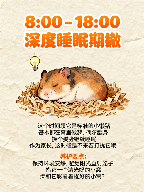 温馨浅米色手绘纸张纹理背景，画面中有一只缩成糯米糍形状的仓鼠在木屑堆里睡觉，旁边有一个小灯泡表示白天，上方有活力亮橙圆润字体带白色描边的中等字号标题“8:00 - 18:00 深度睡眠期💤”，下方配预览效果