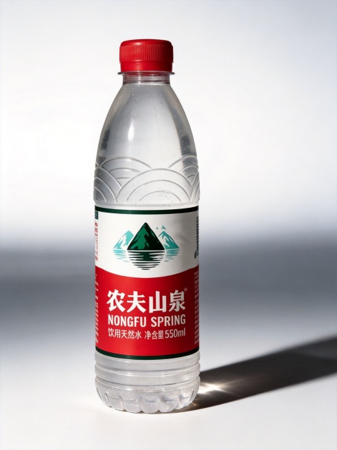 生成电商产品主图，整瓶展示农夫山泉天然饮用水，高端商业摄影风格，光影效果突出产品预览效果